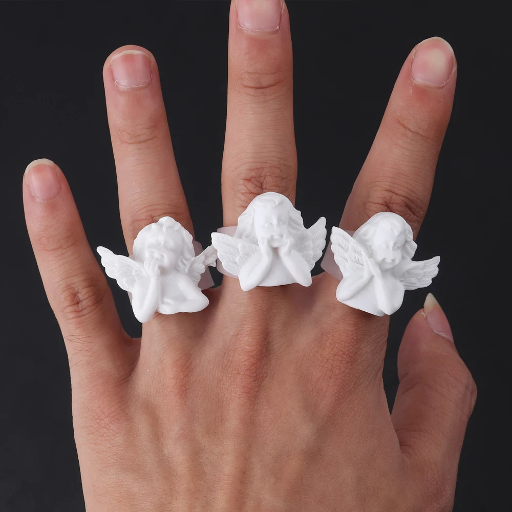 Trendy White Cute Cupid Angel Resin Ring For Women Men Vintage Creative Geometric Adjustable Finger Ring Fashion Jewelry Gifts