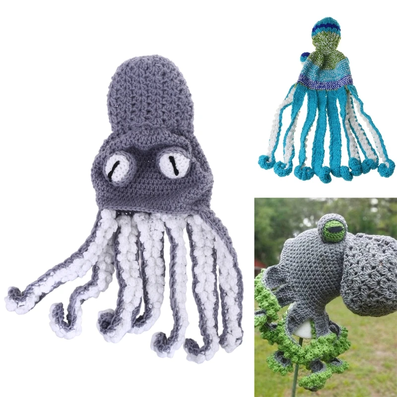 Adult Unisex Halloween Hand Weave Knitted Beanie Hat Funny Gradient Cartoon Octopus Long Tentacle Eyes Skull Cap Cosplay