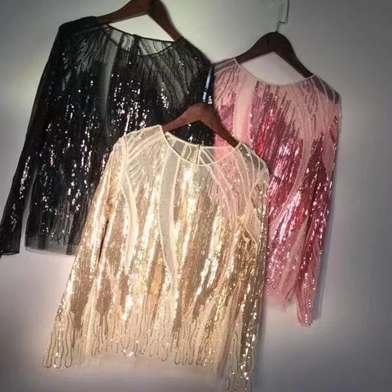 Koszula damska letnia z długim rękawem haftowana cekinowa przezroczysta koronka siateczkowa bluzka bluzka Mujer Sexy Body na ramiączkach bluza bluza Feminina