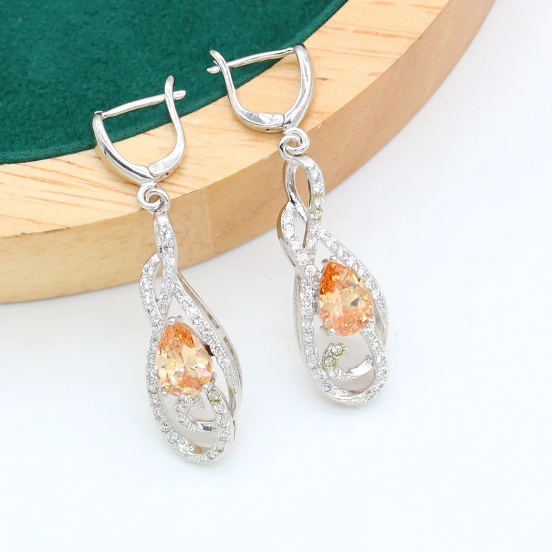 Silver Color Jewelry Set for Women Wedding Unique Champagne Zircon Bracelet Pierced Earrings Necklace Ring Gift Dubai