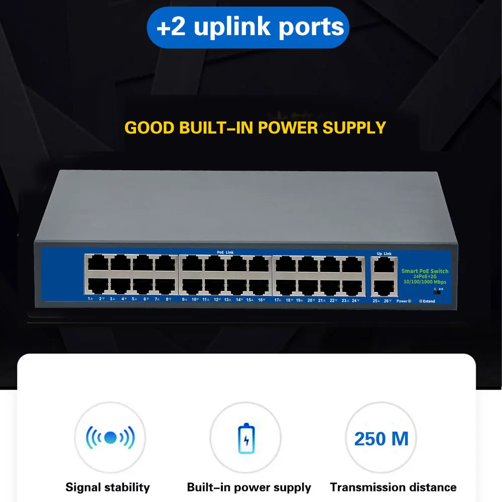 24 Ports POE Switch + 2 Ports Gigabit Fast Ethernet Network Switch IP Cameras Powered POE Adapter for Indoor IP CAM LAN Repeate