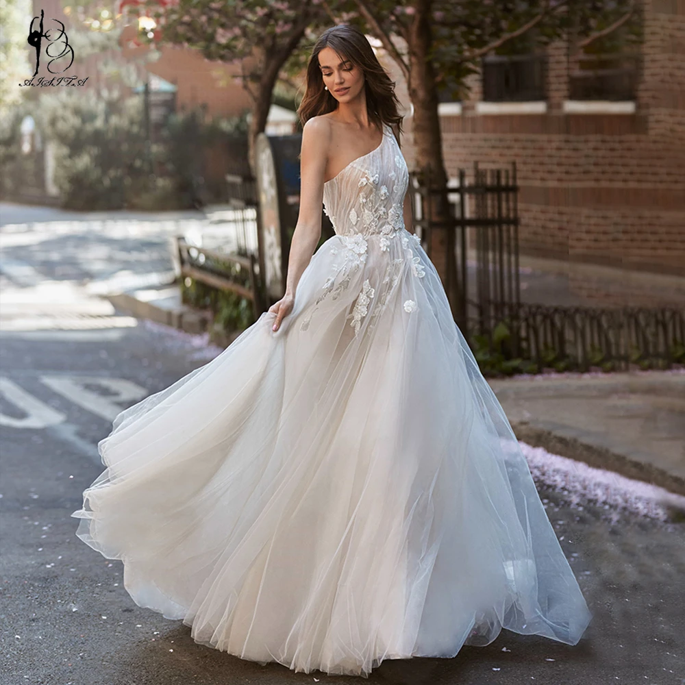 Fairy One Shoulder A Line Wedding Dress Boho Lace Customized Bride Gown Tulle Bridal Wedding Gowns Beach Style Vestidos De Novia