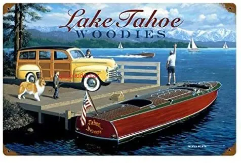 Wall Decor Metal Tin Signs Retro Lake Tahoe Woodies 12 x 8 Inch Home Bar Poster Pub Beer Garage Man Cave Shop