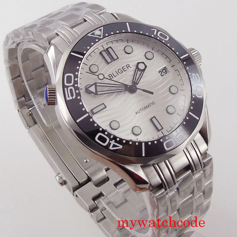Bliger คุณภาพสูง24 Jewels NH35อัตโนมัติ41มม.นาฬิกาผู้ชายสีขาว Dial Sapphire คริสตัลสายข้อมือโลหะตัวบ่งชี้วันที่