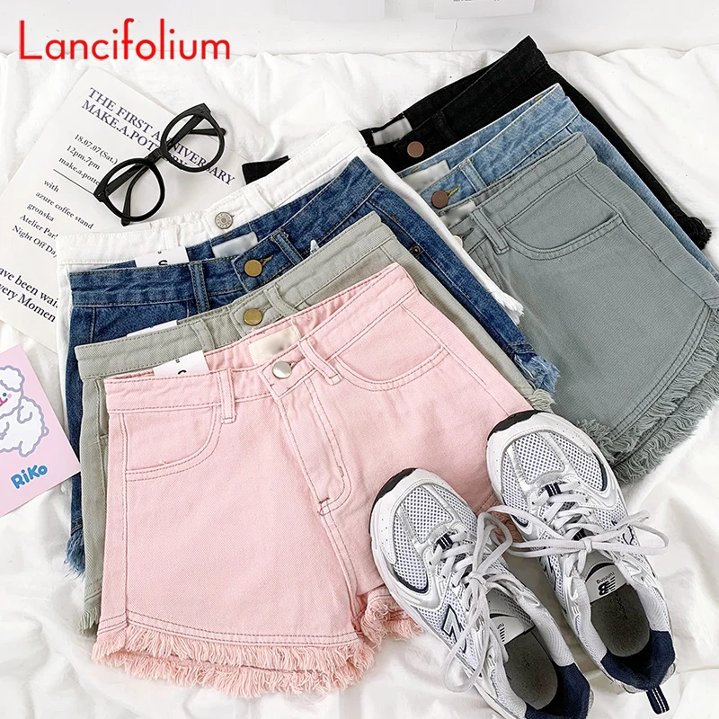 Basic Pink Vintage Ladies Denim Shorts Y2k Korean Harajuku Casual Tassel High Waist Candy Colors Black Jeans Shorts Womens 2021