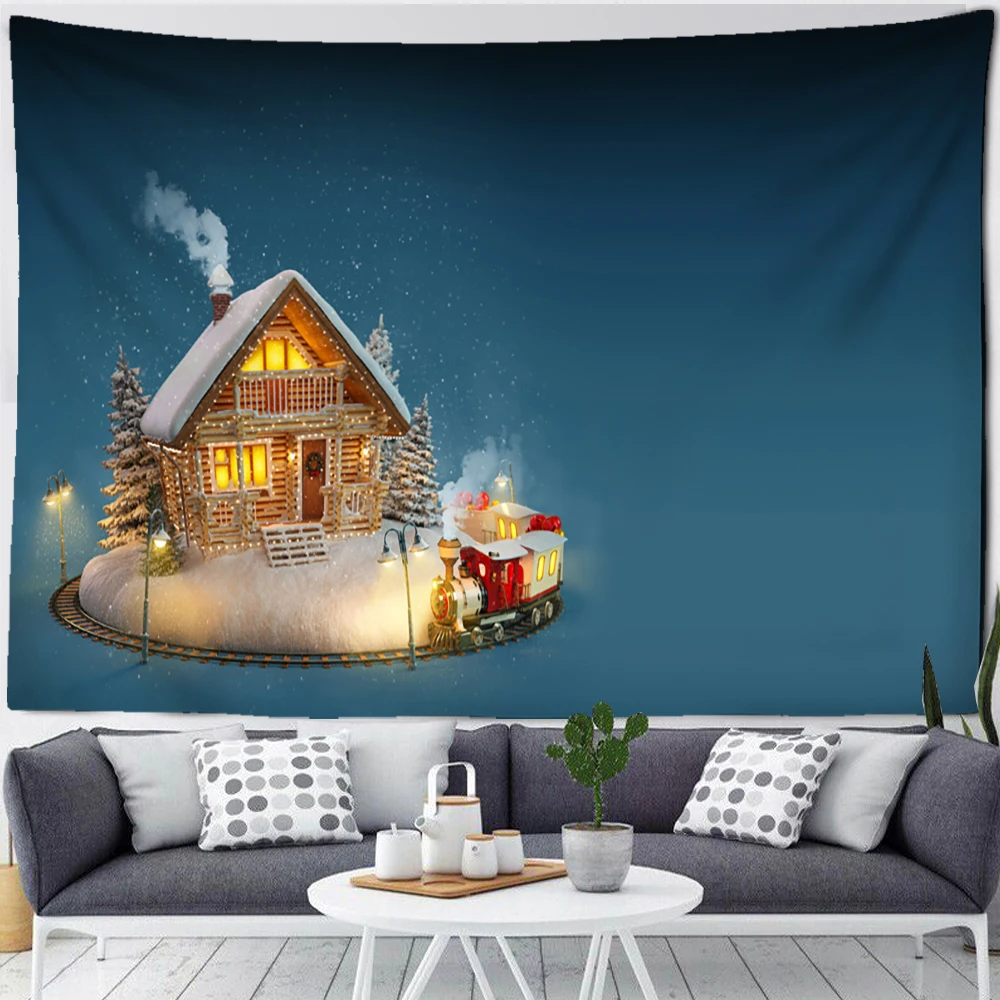 Christmas Starry Sky Cottage Tapestry Cartoon Holiday Gift Wall Hanging CuteSkiing Old Man HomeBackground Decor