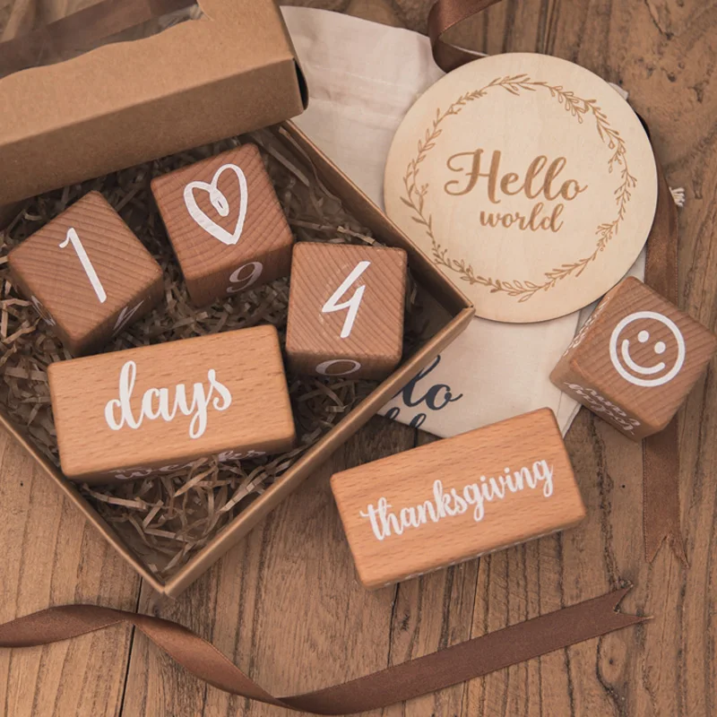 Baby Wooden Milestone Cards Wooden Block With Box Commemorate Baby Birth Photography Prop Block Newborn Photography Props Set