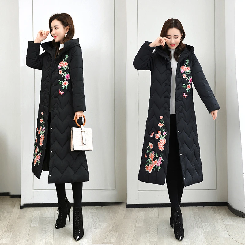 2023 Autumn Winter Femme Top Down Cotton Jacket Women Korean Hooded Long Warm Padded Coat Embroidery Female Overcoat H1848