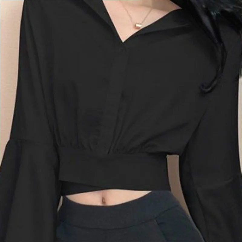 Blouses Women Pure Fashion Ins Casual Design Summer Soft Solid Daily V-Neck Flare Sleeve Cropped 2021 Newest Clothes Aesthetic