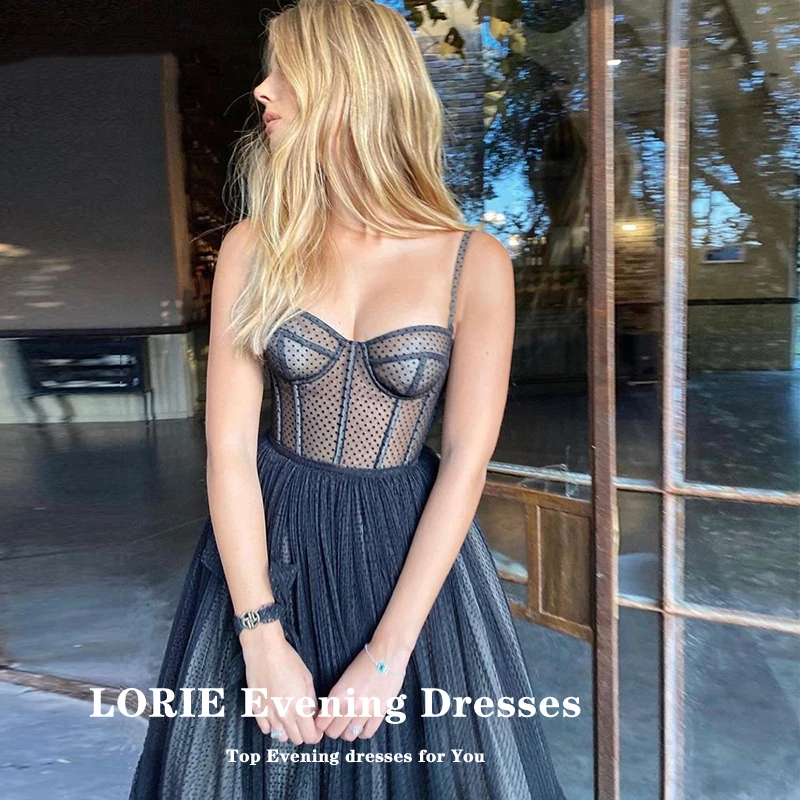 LORIE Elegant Prom Dresses 2021 Sweetheart Spaghetti Strap A-Line Tulle Black Polka Dot Party Dress Celebrity Graduation Gown