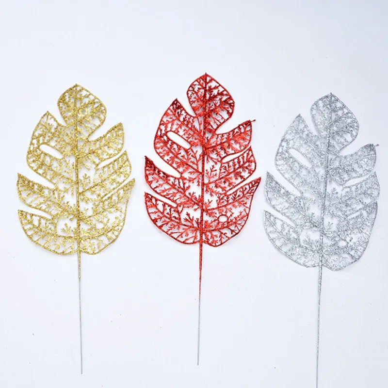 

15 шт. 42 см для рождественских украшений, искусственный пластик, лист монстеры, рождественские листья, золотая пыль, порошок, серебристо-красный