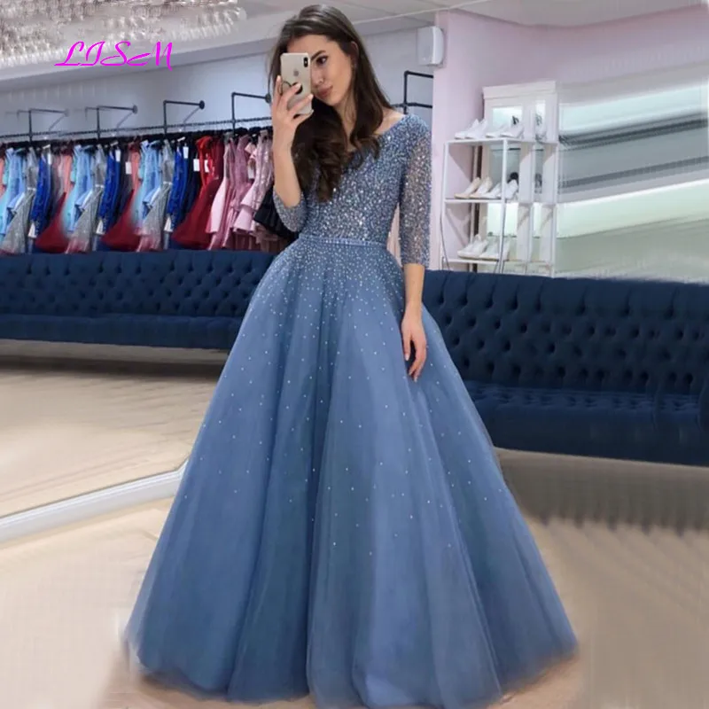 

Luxury Crystals Beaded Half Sleeves Prom Dresses Sexy V-Neck Tulle Long Evening Dress Elegant A-Line Formal Party Gowns 2024