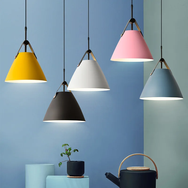 minimalist led colorful pendant lamp metal leather suspension cylinder hanging lights for bedroom dining cafe bar wrought iron