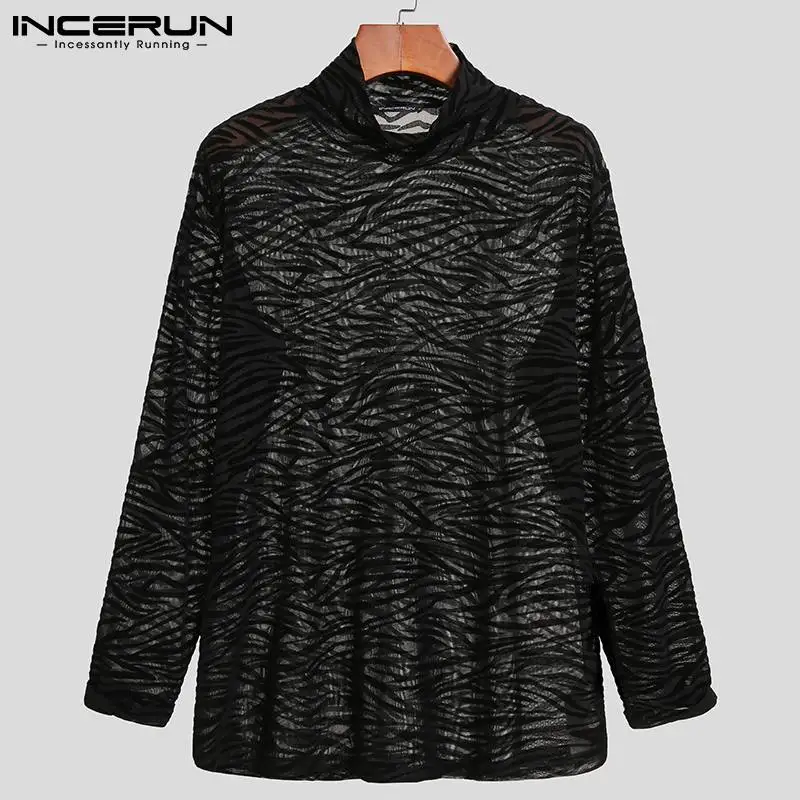 INCERUN Men Mesh T Shirt Turtleneck Long Sleeve See Through Print Casual Sexy Tee Tops 2024 Streetwear Party Nightclub Camisetas