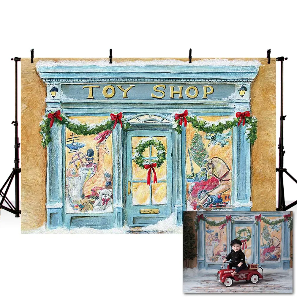 Mehofond Winter Christmas Toy Shop Backdrop Painting Blue Store Baby Birthday Portrait Photography Background Decor Photo Studio