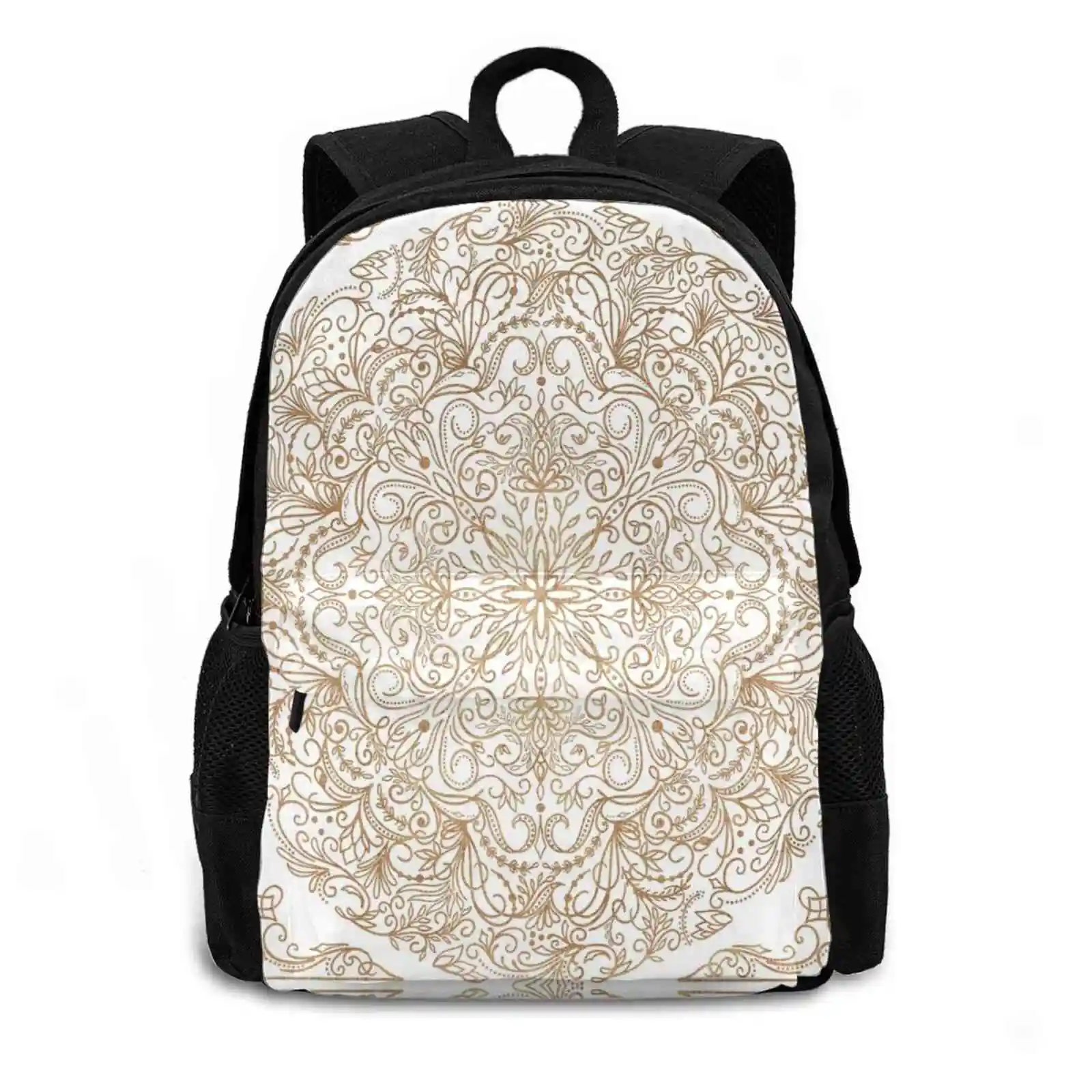 Filigree White Bag Backpack For Men Women Girls Teenage Motif Floral Swirls Line Art Fancy Elegant Arabesque Leaves Linework