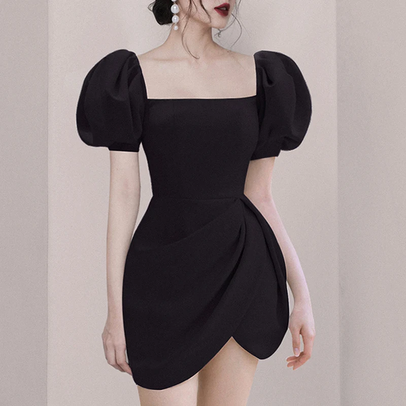 SMTHMA 2022 New Summer Fashion Women Solid Clothes Puff Sleeve Sqaure Collar Vintage Elegant Asymmetry Party Dress