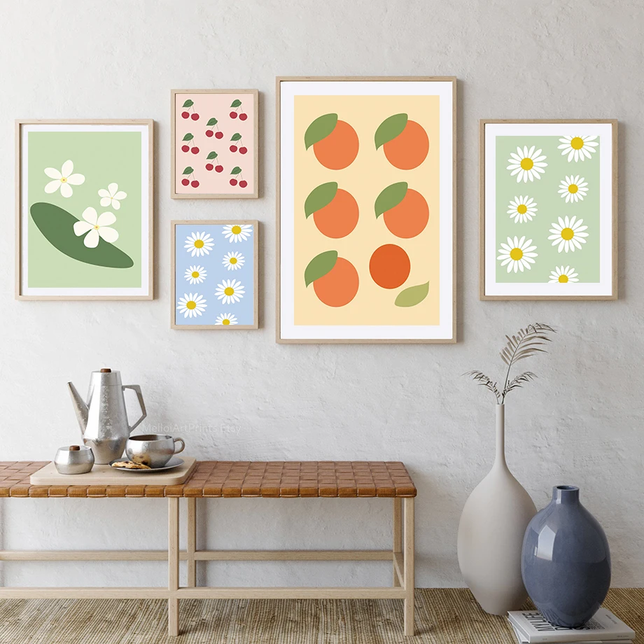 Bohemian Orange Kirsche Birne Blatt Wand Kunst Leinwand Malerei Nordic Poster Und Drucke Abstrakte Bilder Für Wohnzimmer Wohnkultur