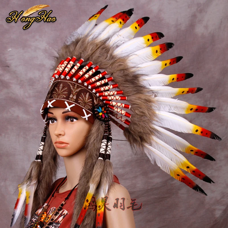 long Indian Feather headdress handmade red and black feather costumes handmade indian feather headdress war bonnet hat costumes