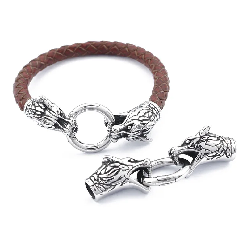 1set Stainless Steel Dragon Head Bracelet Connector Clasps For 6mm Round Leather Cord Bracelet End Jewelry Accessories