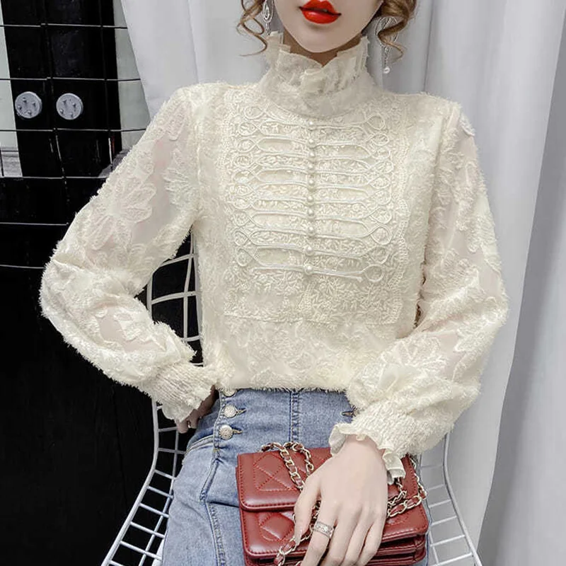 Elegant Vintage Beading Ruffles Woman Blouses 2023 Spring Office Ladies Commute Lace Hook Flower Hollow Pullovers Women\'s Shirts