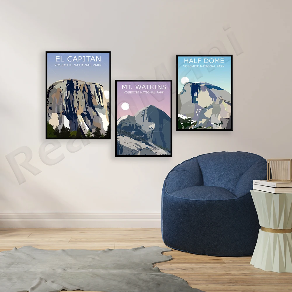 Yosemite National Park landscape, granite boulders, Watkins Mountain, half dome, El Capitan travel posters, mountaineering gifts