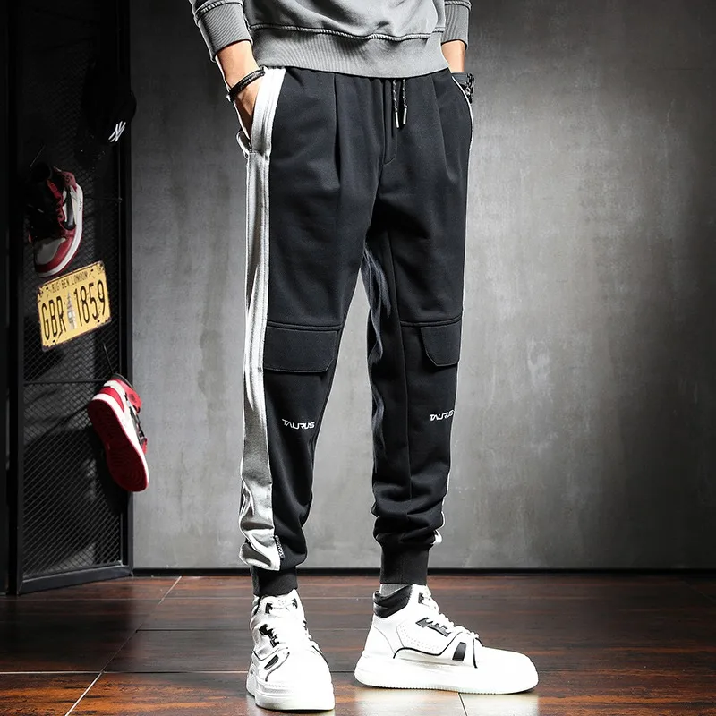 Fashion Baggy Sweatpants Men Pants Streetwear Jogging Sport Side Stripe Hip Hop Black Drawstring Trousers