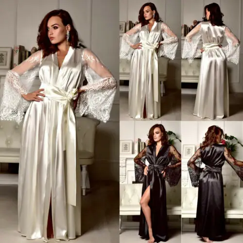 2021 Sexy Lingerie Women Silk Lace Long Robe Dress Pajamas Nightdress Nightgown Sleepwear