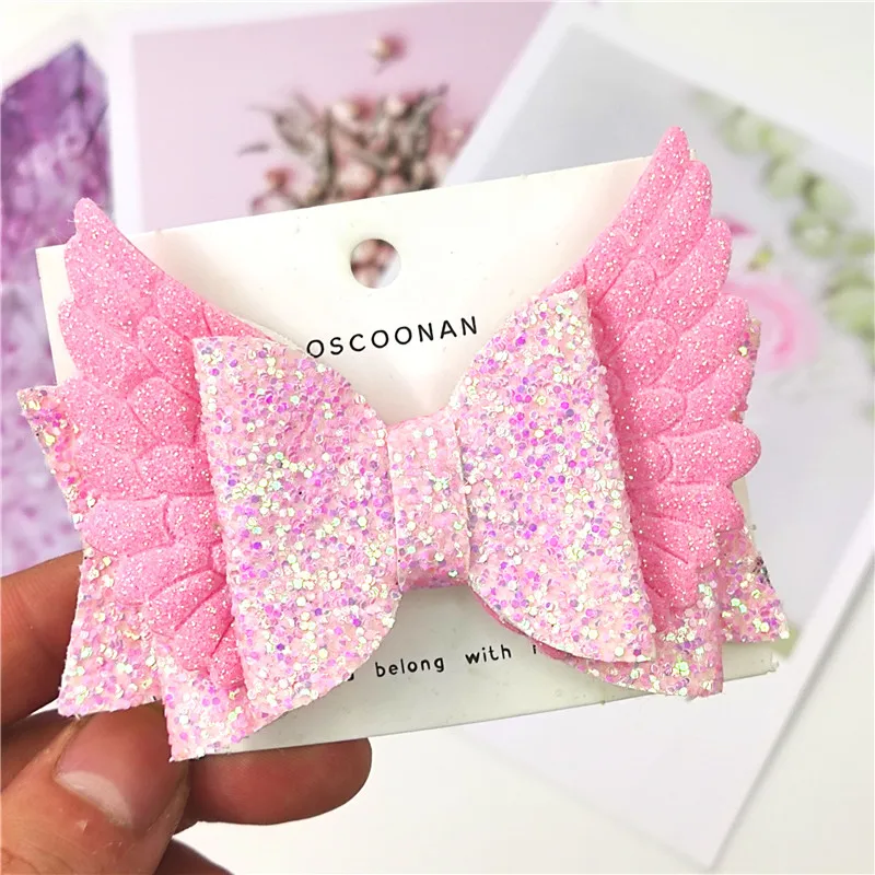 1PCS Lovely Big Wings Leather Glitter 3.6 Inch Bow Elastic Hair Bands Hairpins Dance Party Korean Hair Accessories For Baby Girl