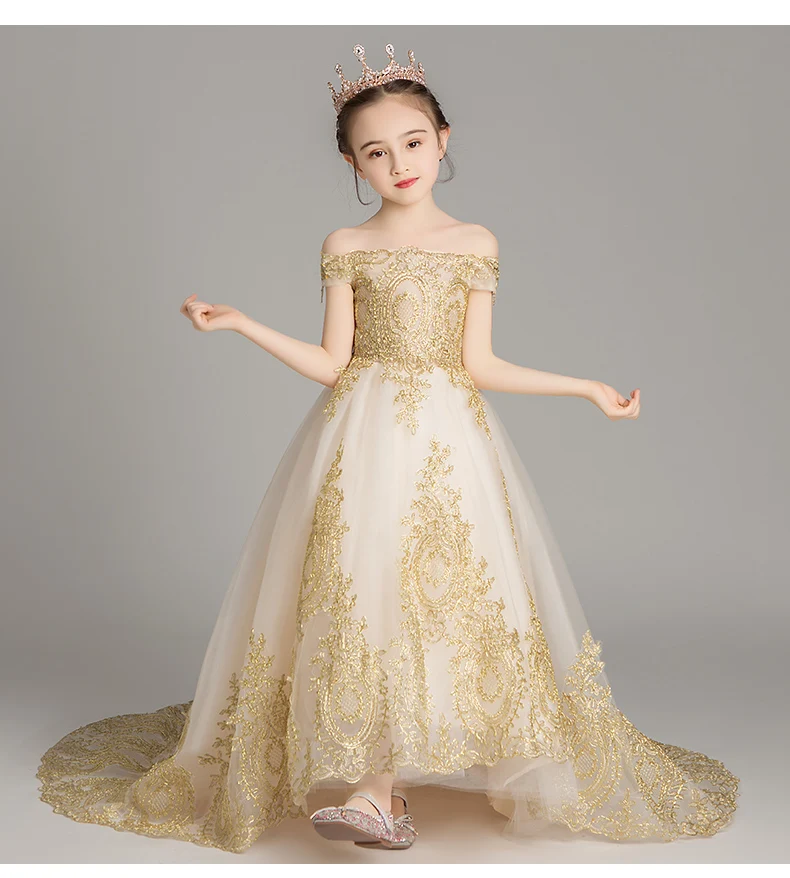 Off Shoulder Girl Wedding Dress Golden Sequin Lace Kids Party First Communion Gown Kids Baptism Pageant Gown Flower Girl Dresses