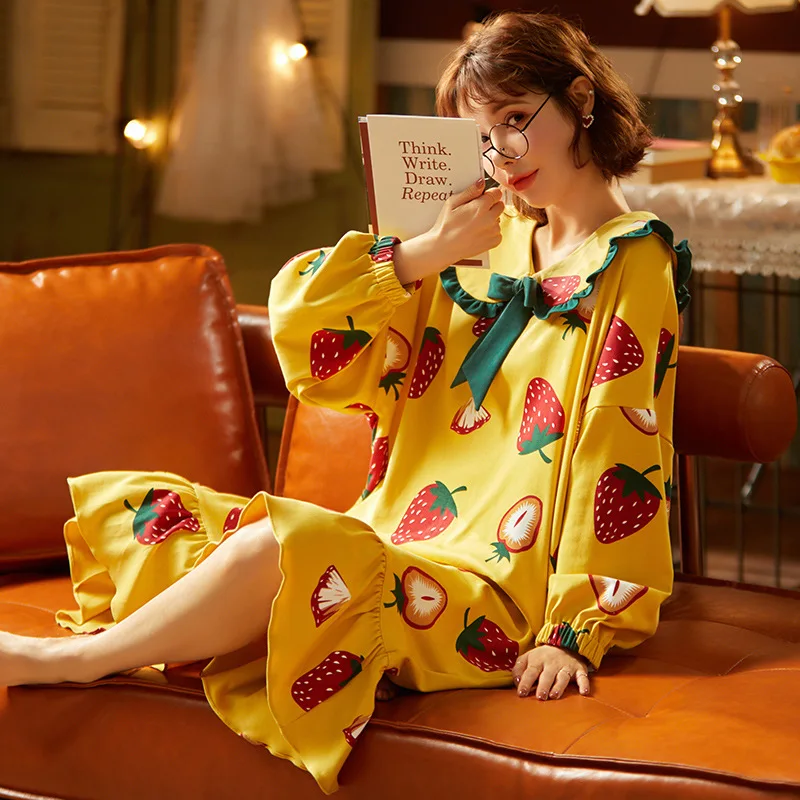 Beautiful Woman Pajamas Dress Lady Sweet Cute Sleepwear Autumn Homewdear Korean Style Cotton Nightgown Princess Style Outdoor