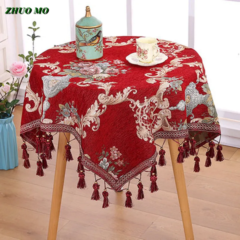 

ZHUO MO-European Round Table Cloth Home Decoration, Chenille Table Cover, Towel Tablecloth with Tassel, Thickened Tablecloths