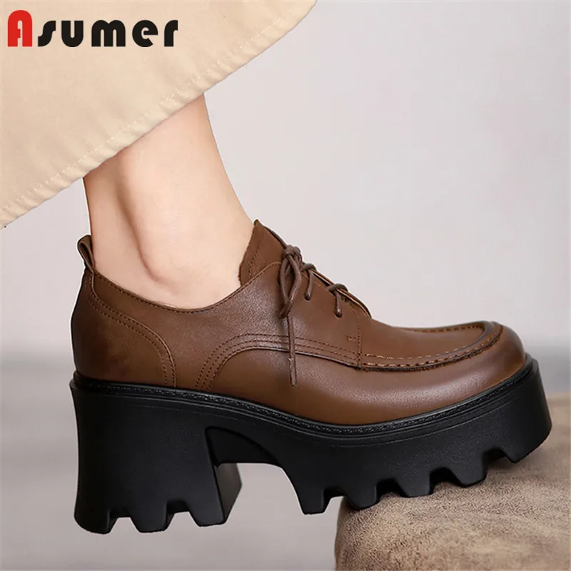 Asumer 2022 New Arrive Genuine Leather Shoes Women Pumps Square Toe Lace Up Spring Vintage High Heels Platform Shoes Black