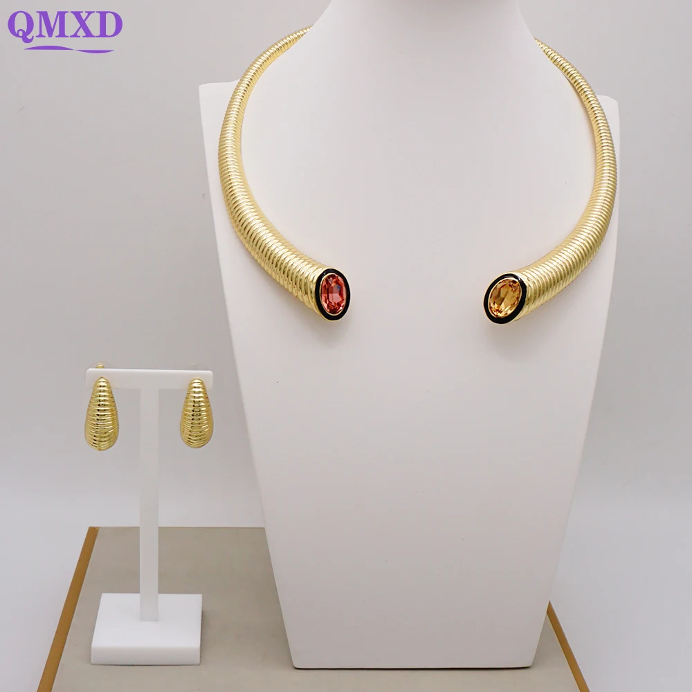 Fine Crystal Necklace Earrings Jewelry Sets Gold Color Collars Fashion Bridal For Women Jewellery Set Party Gift