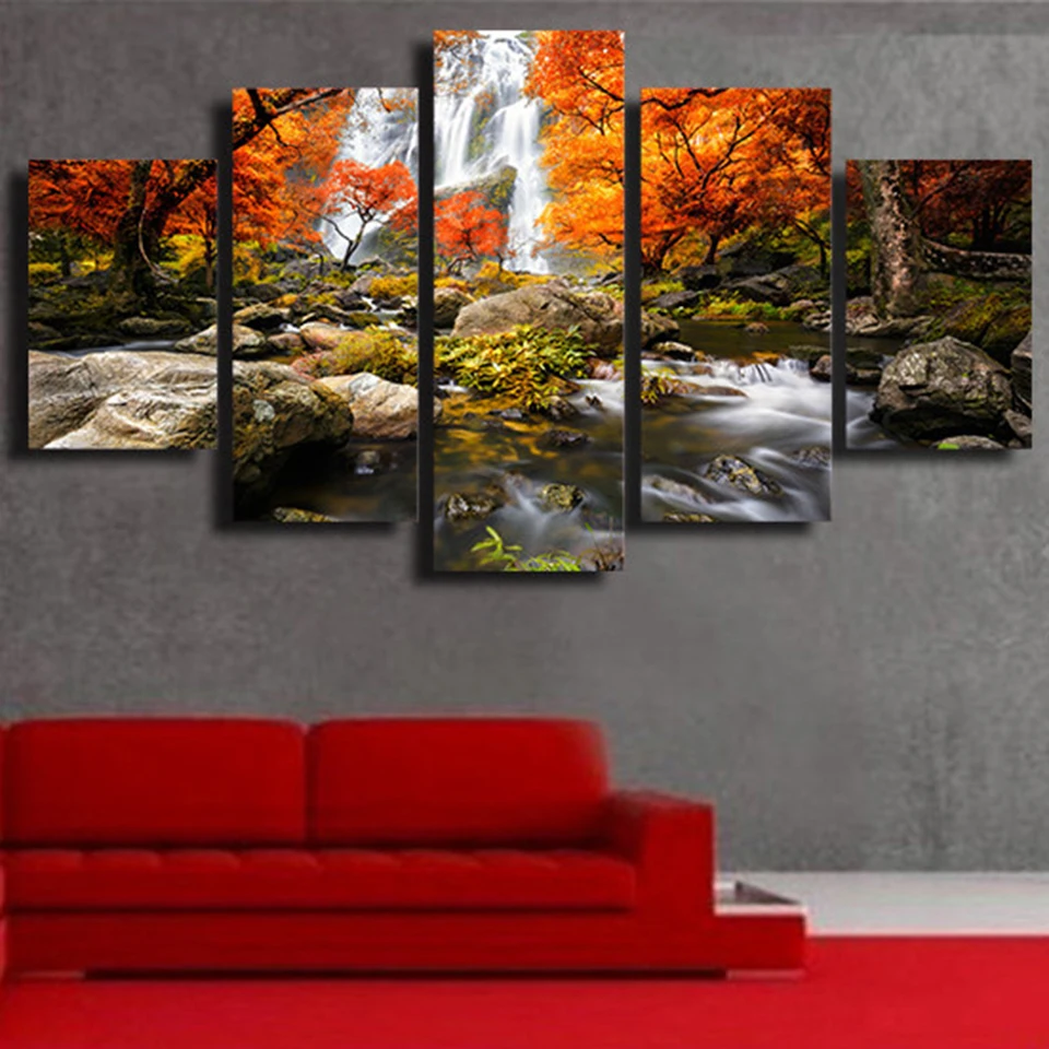 

5 Panel Autumn Nature Waterfall Forest Pictures Posters Wall Art Home Decor Canvas HD Prints Paintings Living Room Decoration