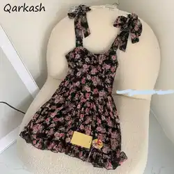 Sleeveless Dresses Women Retro Fit Floral Summer Casual Mini Slim High Street Vestidos Female Cute Ladies Ulzzang Daily Bow New