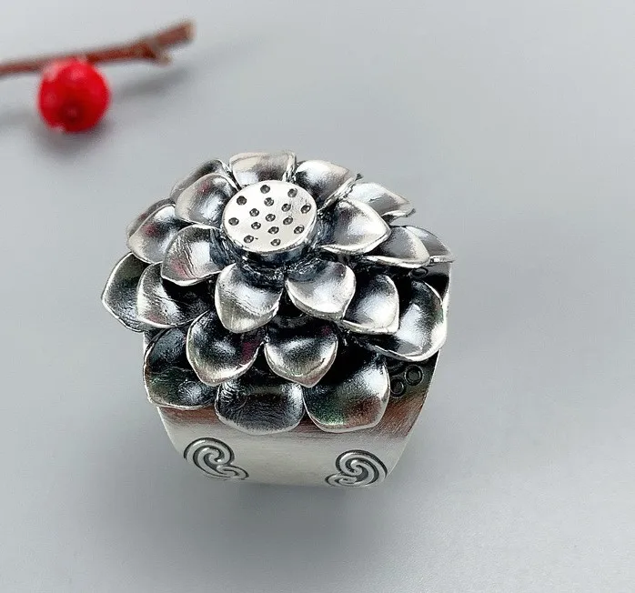 New 999 Sterling Silver Women's Ring Wide Version Three-dimensional Flower Simple Retro Opening Adjustable