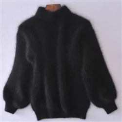 Pull à col roulé épais en mohair noir pour femme, manches lanterne, pull décontracté, document solide, mode douce, automne, hiver