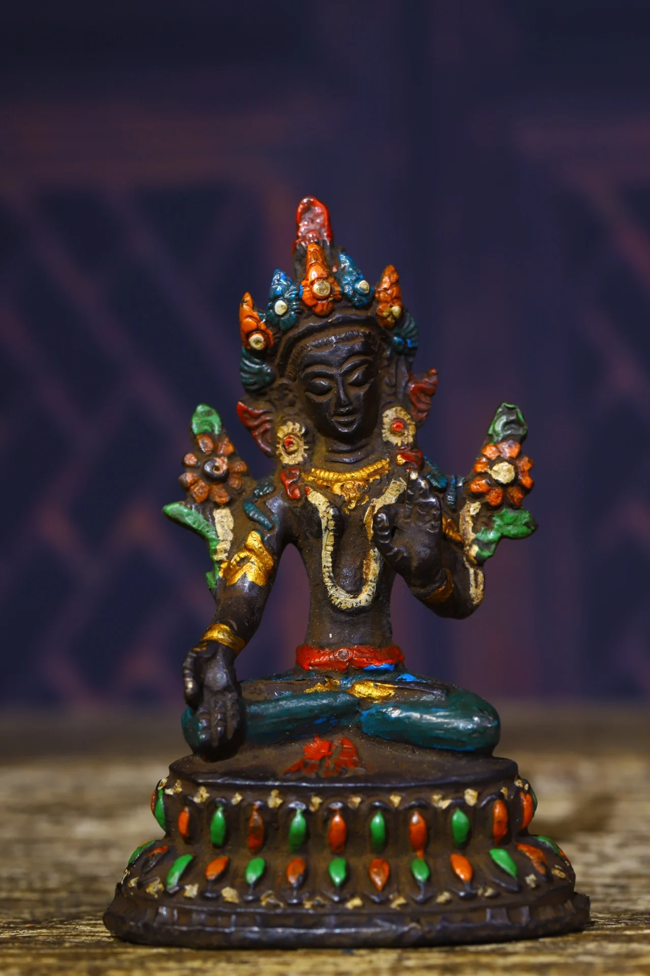 

4"Tibetan Temple Collection Old Bronze Cinnabar Painted Green Tara Guanyin Buddha statue Enshrine the Buddha Town House Exorcism