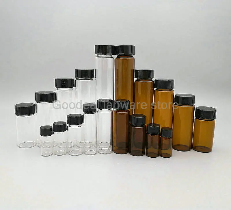 20pcs/lot 3ml To 50ml (Clear/ Brown) Glass Reagent Bottle Sample Vials with Plastic Lid Screw Cap