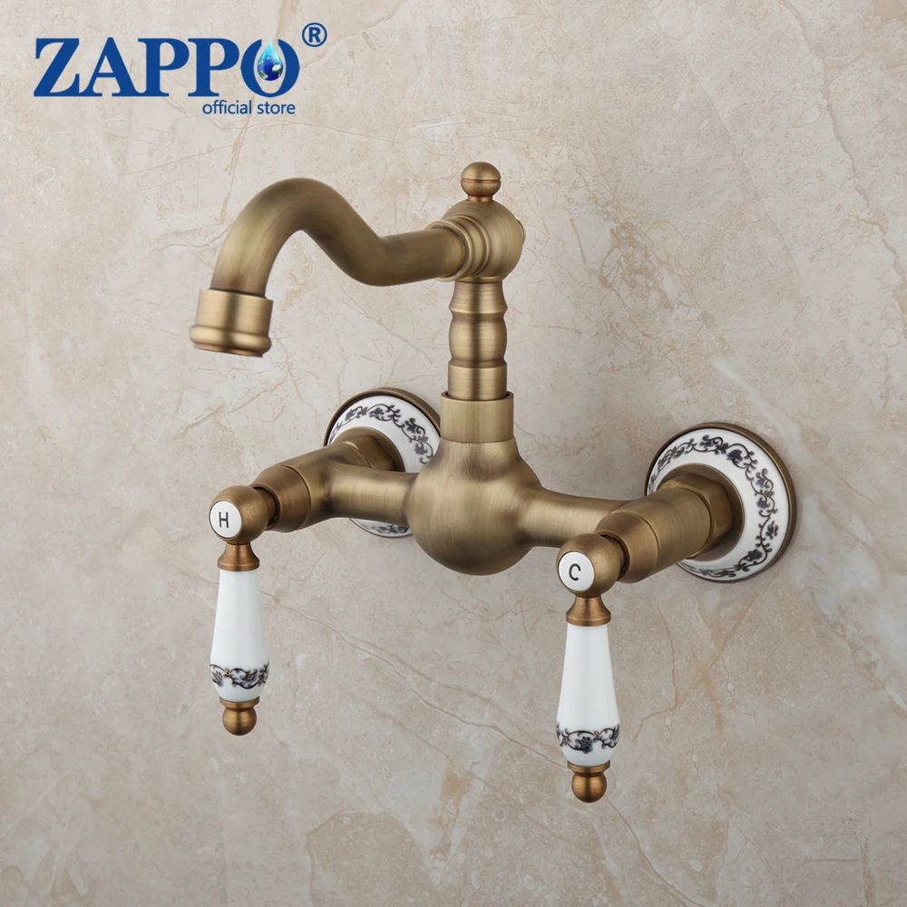 

ZAPPO Antique Brass Bathroom Sink Mixer Faucets Hot and Cold Water Mixer Tap Wall Mounted Dual Handle 360 Swivel Spout Tap