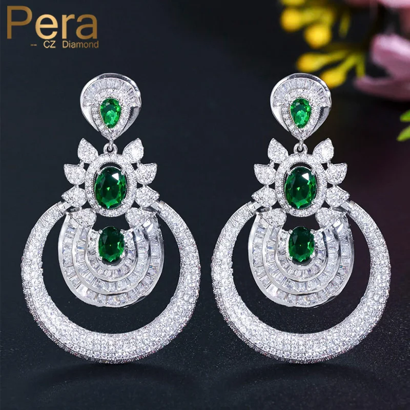 

Pera Bold Shiny Dark Green Cubic Zirconia Large Round Drop Long Bridal Wedding Dangle Earrings for Brides Party Jewerly E557