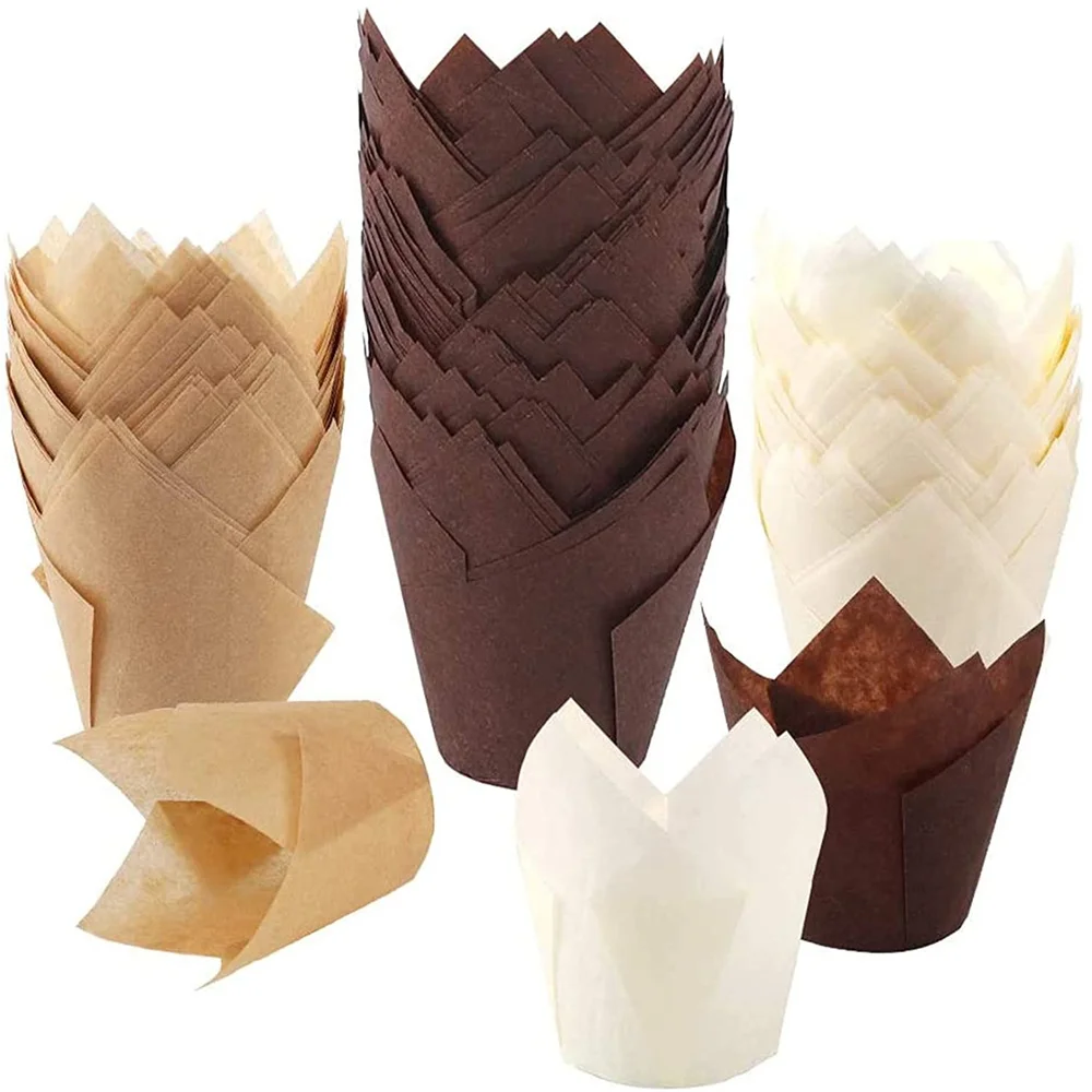 

50PCS Tulip Shape Cupcake Mold for Muffin Country Cupcake Brown White and Natural Color