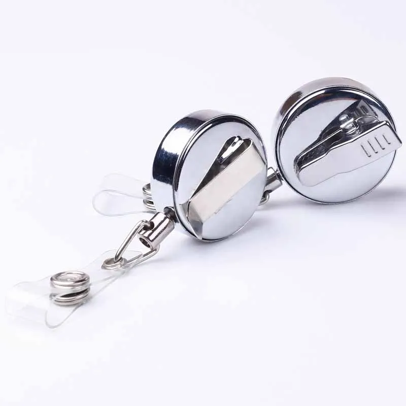 Silver Metal Retractable Pull 360° Rotating Badge Reel ID Lanyard Name Tag Card Badge Holder Reels Recoil Chain Clips