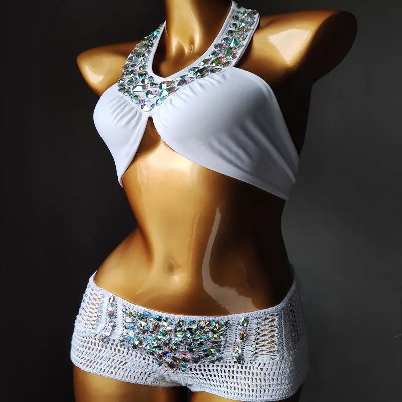 2020 venus vacation sexy bikini set diamond rhinestion swimwear push up handmade crochet bathing suit high waist swimsuit