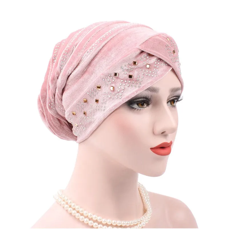 Women Flower Chemo Cap Muslim Hijab Beads Turban Velvet Inner Caps Hat Scarf Wrap Headwear Islamic Headscarf Beanie Bonnet Arab