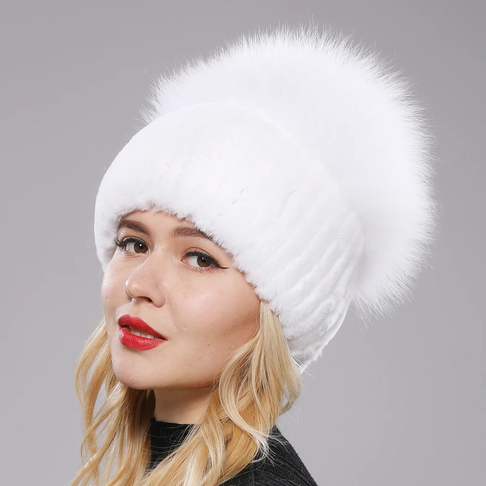 New Women Winter Luxury Real Rex Rabbit Fur Hat Knitted Rex Rabbit Fur Hat Top Natural Fox Fur Cap Genuine Fox Fur Beanies Hat