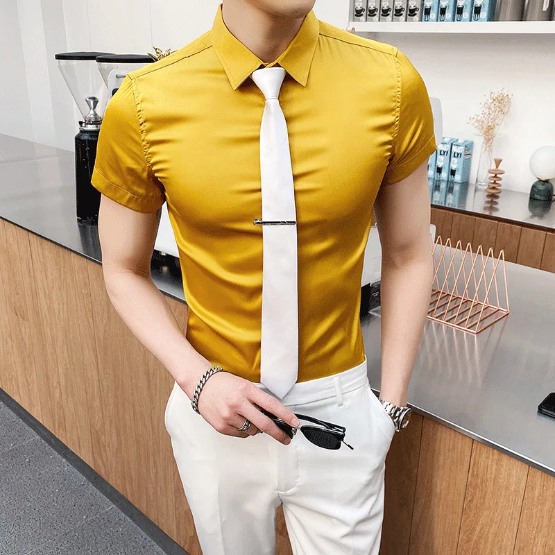 Summer Camicia Uomo 2020 Enlarged Men's Silk Golden Yellow Bright Slim Short Sleeve Man Shirts High Quality Camisetas Masculina