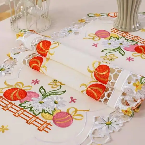 Europe Elegant Easter Egg Art Embroidery Bed Table Runner Flag Cloth Cover Lace Tablecloth Mat Kitchen Party Decor