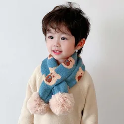 Cute Bear Kids Cross Scarf for Boys Girls Winter Warm Jacquard Knitted Collar Neck Ring Scarf Children Scarves 1-8T New Arrivals